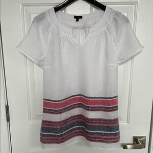 Talbots White Linen Blouse with Red and Blue  Stripes